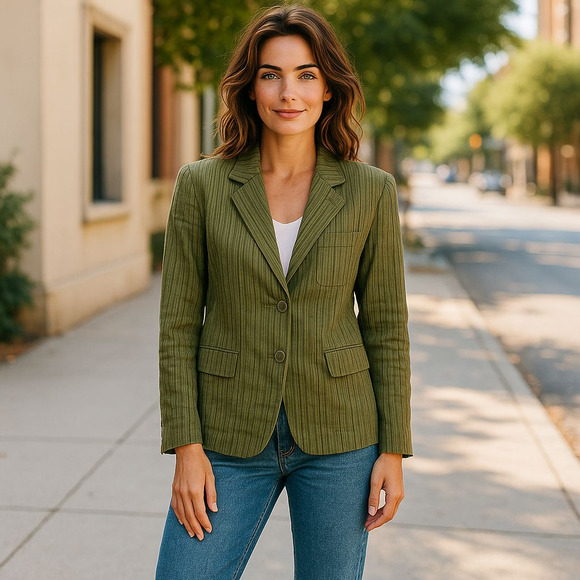 Vintage Jones New York Country Linen Blend Green Textured Striped Blazer Size 12 - Picture 1 of 10